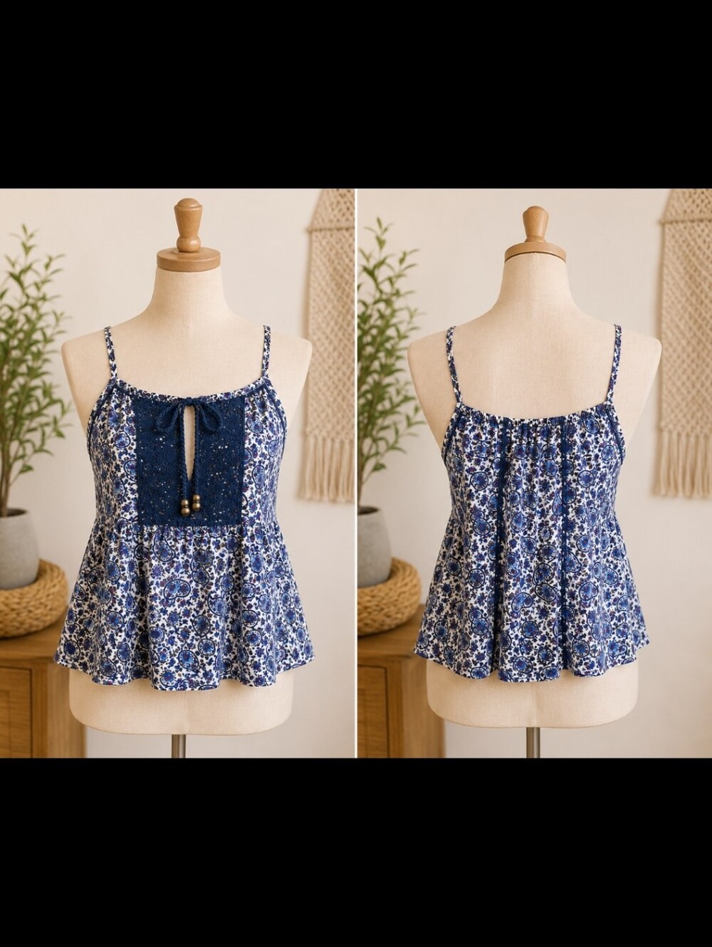 Solitaire ~ Blue Paisley Floral Crochet Detail Tank Top~Size Small
